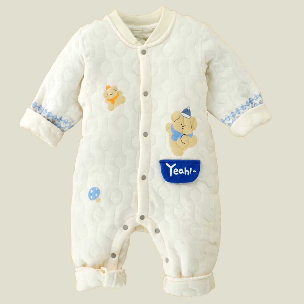 Quilted Cream & Blue Winter Full-Sleeve Romper