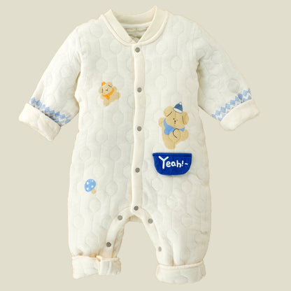 Quilted Cream & Blue Winter Full-Sleeve Romper