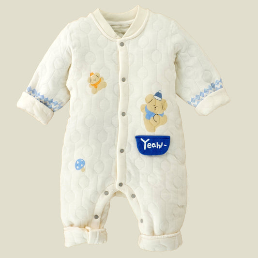 Quilted Cream & Blue Winter Full-Sleeve Romper