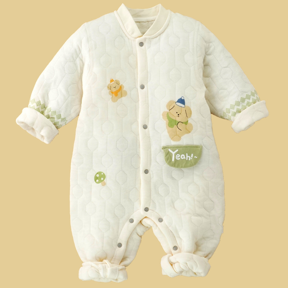 Quilted Cream & Green Winter Full-Sleeve Romper