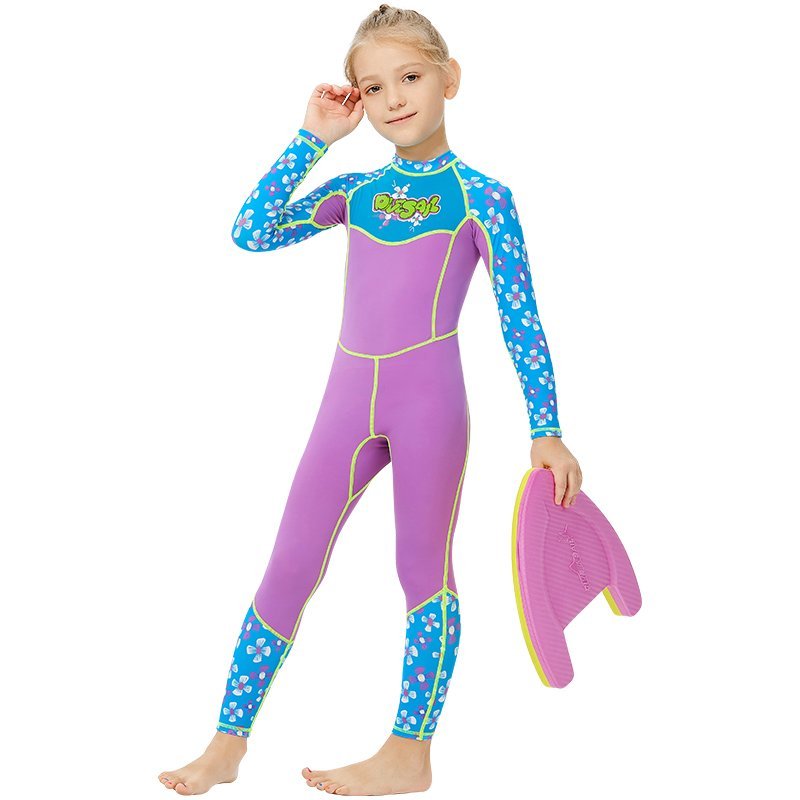 One piece FullLength Kids Swimwear Purple & Blue Floral Print, UPF 50+ with Cap - Little Surprise BoxOne piece FullLength Kids Swimwear Purple & Blue Floral Print, UPF 50+ with Cap