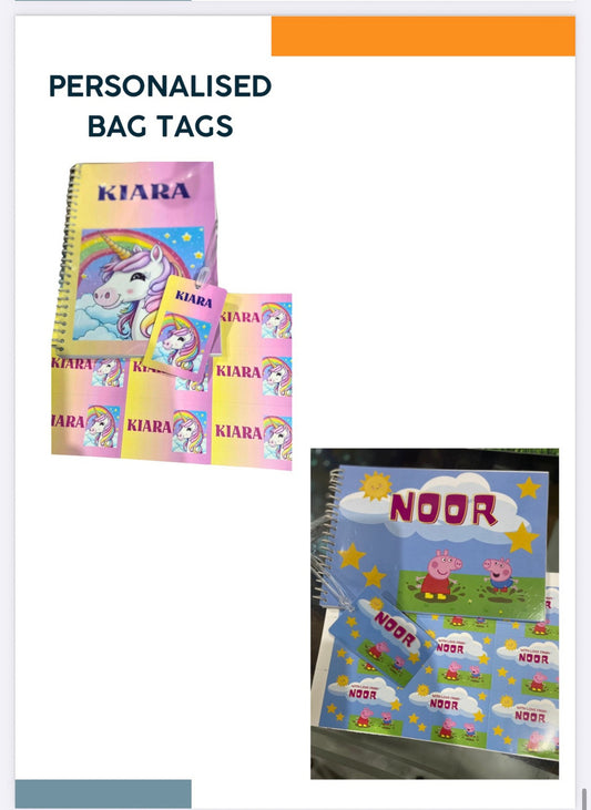Étudier personalised bag tags with custom name slips for kids