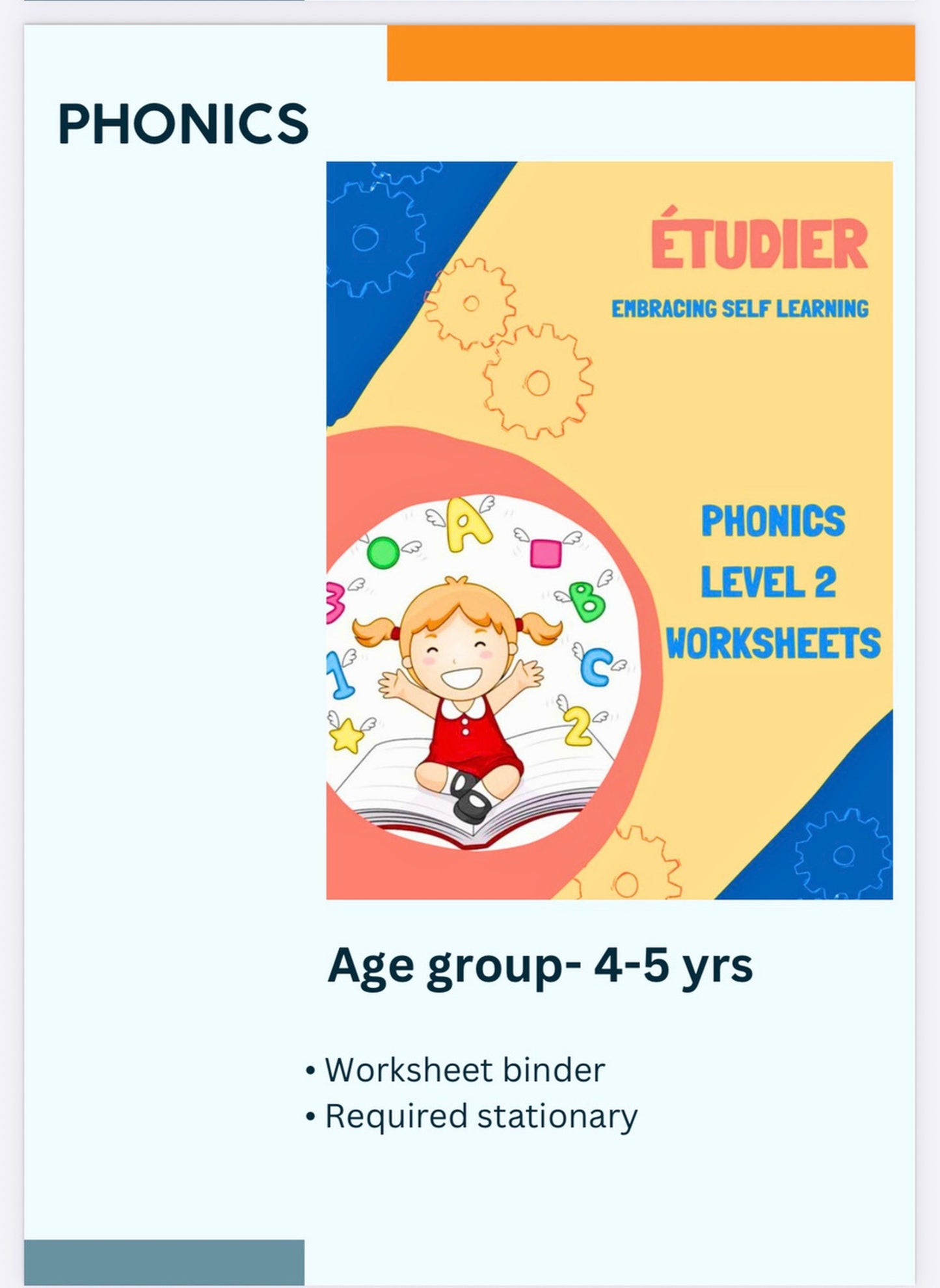 Étudier Phonics Level 2 Worksheets binder for kids age 4 to 5 years