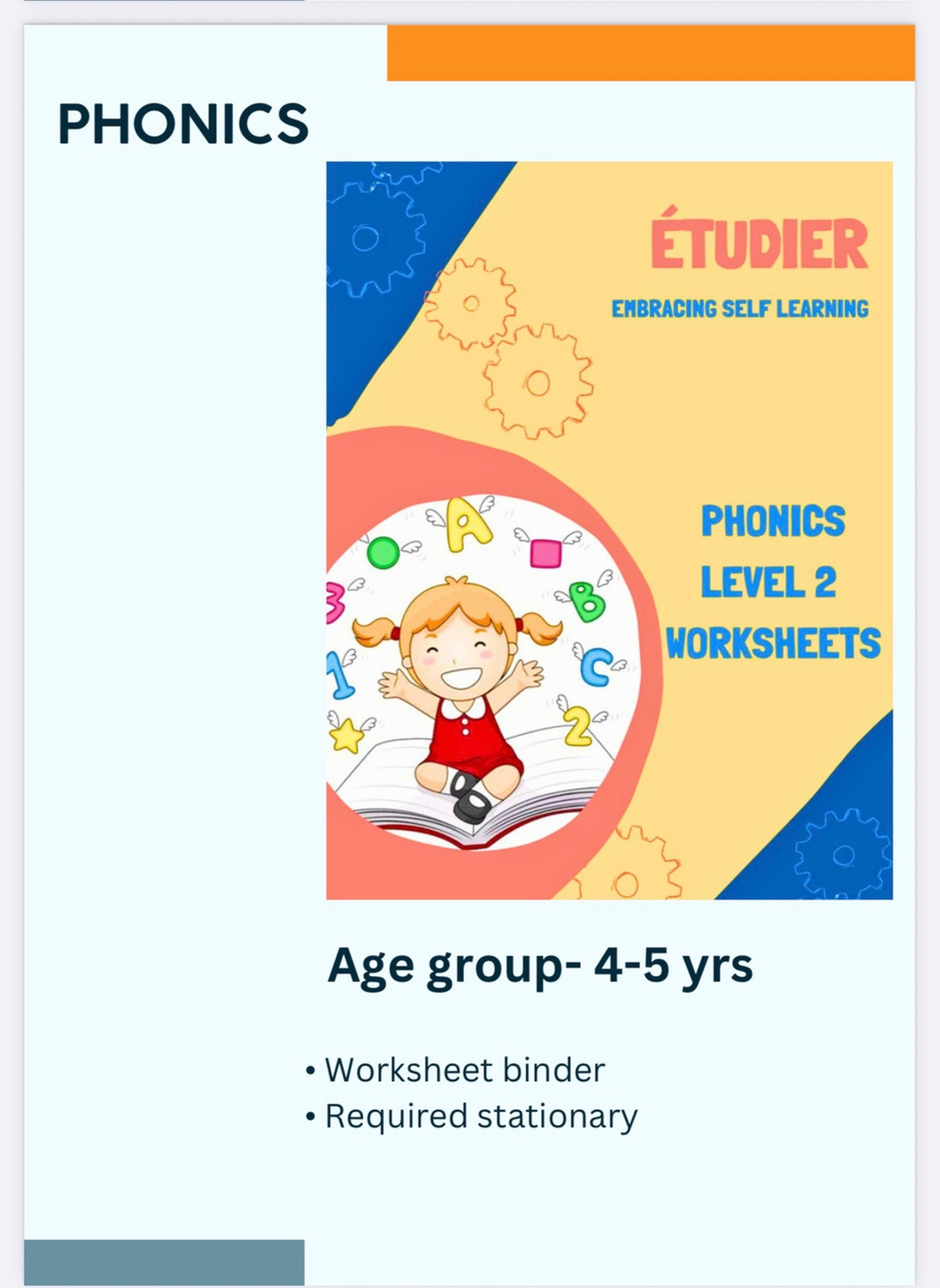 Étudier Phonics Level 2 Worksheets binder for kids age 4 to 5 years