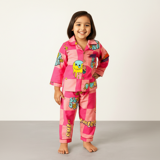 girl wearing a night suit an dgrinning wide while flaunting her pink suit
