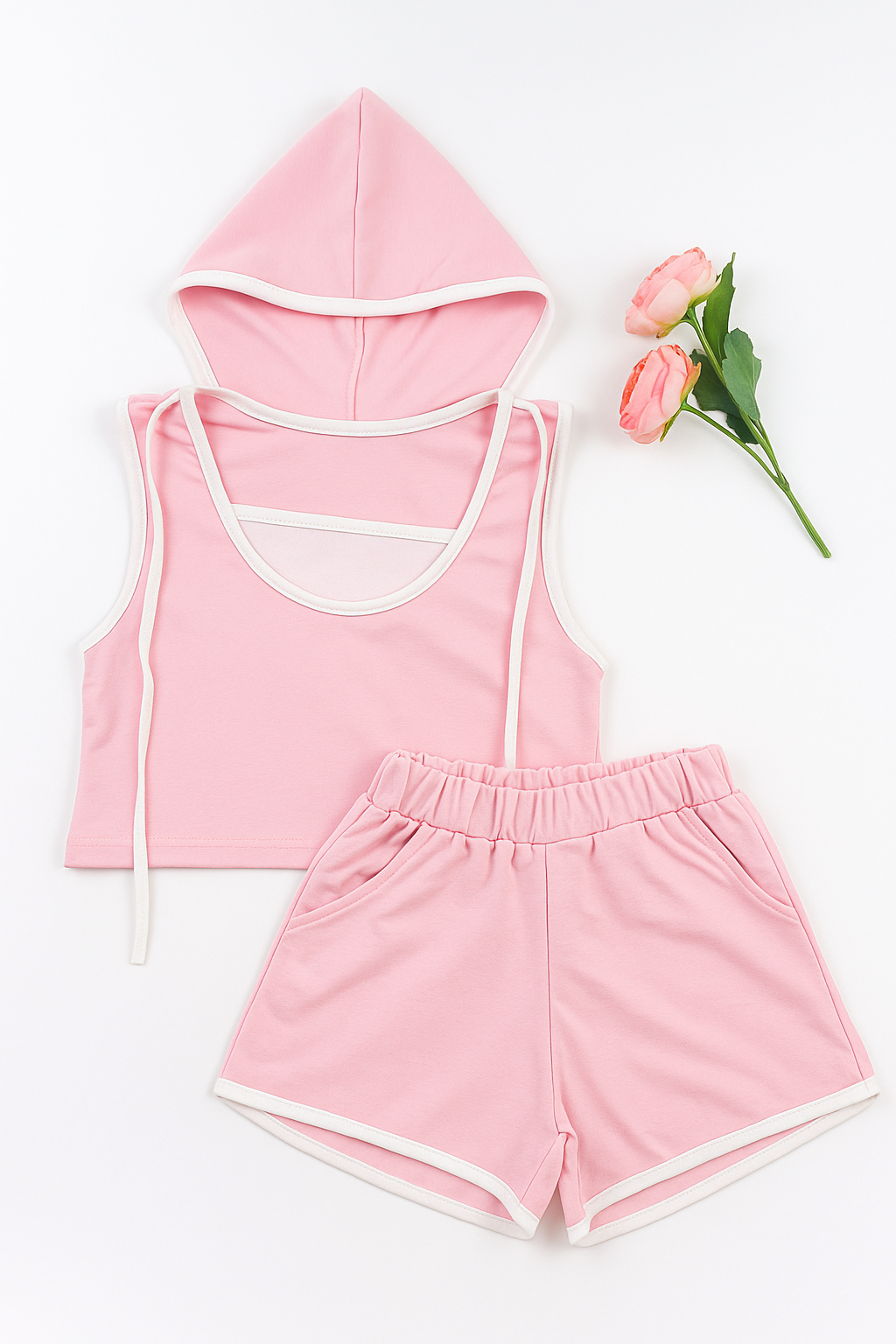 Sleeveless Hooded T-Shirt and Shorts Clothing Set For Girls
