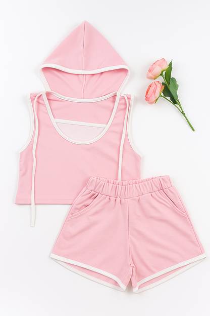 Sleeveless Hooded T-Shirt and Shorts Clothing Set For Girls