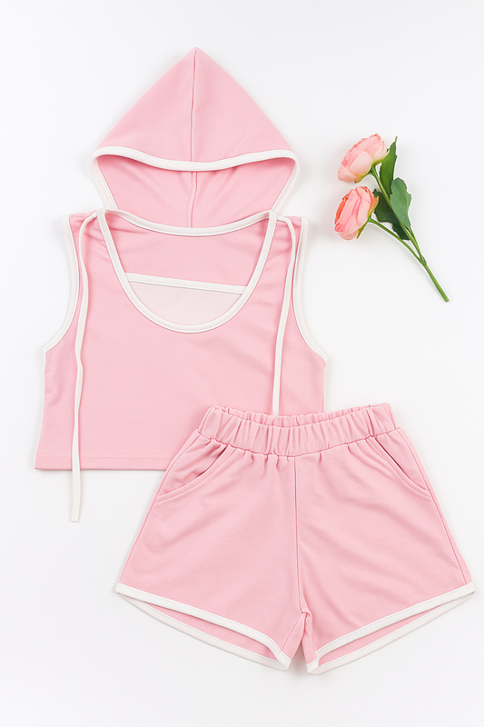 Sleeveless Hooded T-Shirt and Shorts Clothing Set For Girls