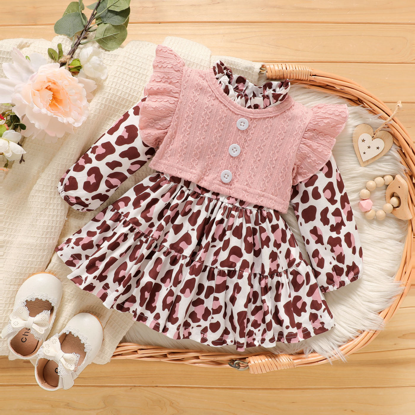 Baby girl leopard printed frock with cotton cardigan Multicolor Dress for kids