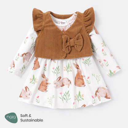 rabbit printed frock with half corduroy jacket Brown Dresses for kids