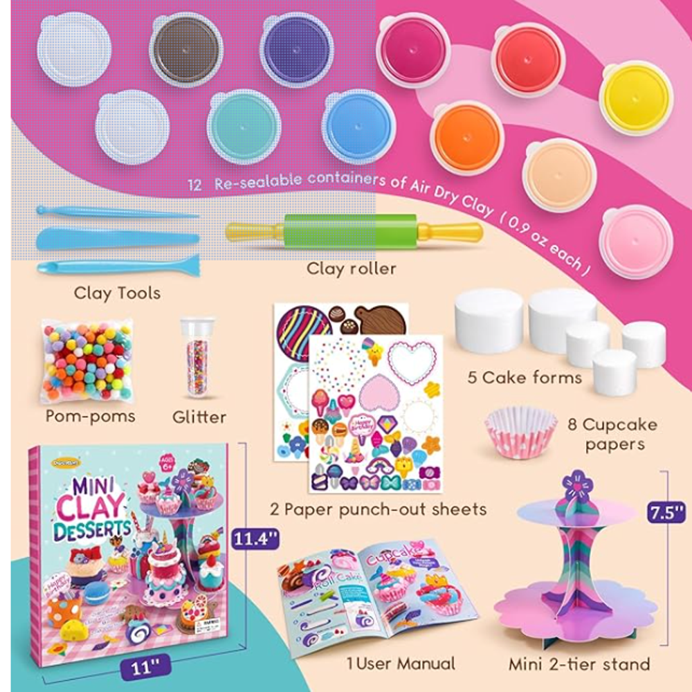 DIY Dessert Clay Making Kit – Make 30+ dessert designs, nontoxic clay provided can decorate on dessert stand