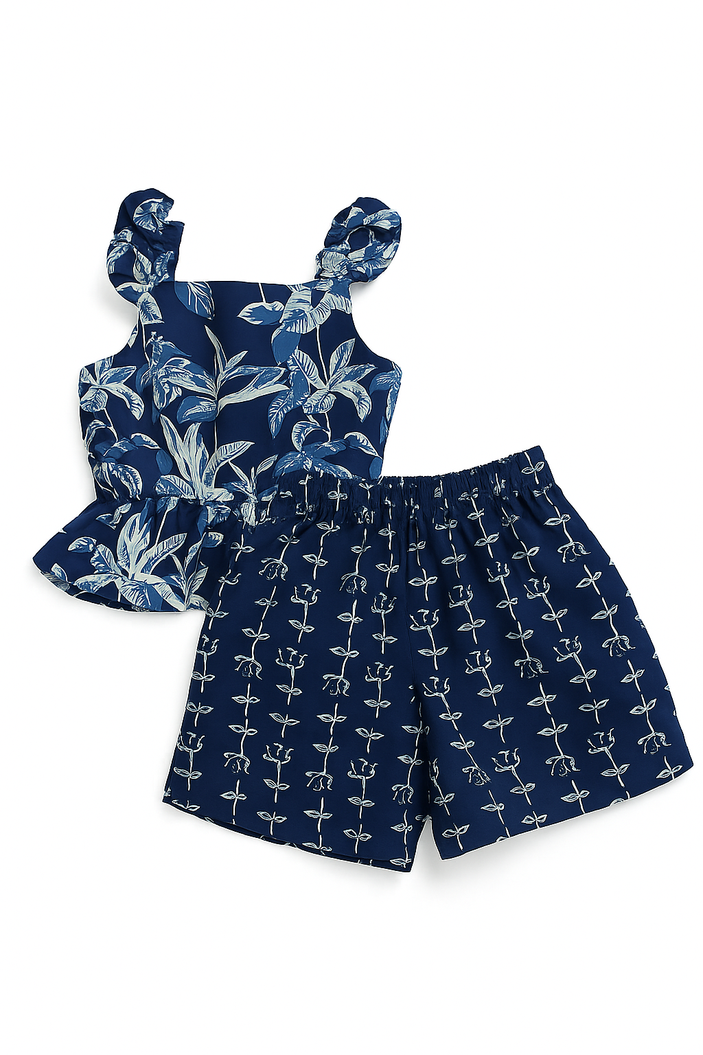 Tropical Twilight Flutter-Shoulder Top & Blossom Shorts Set