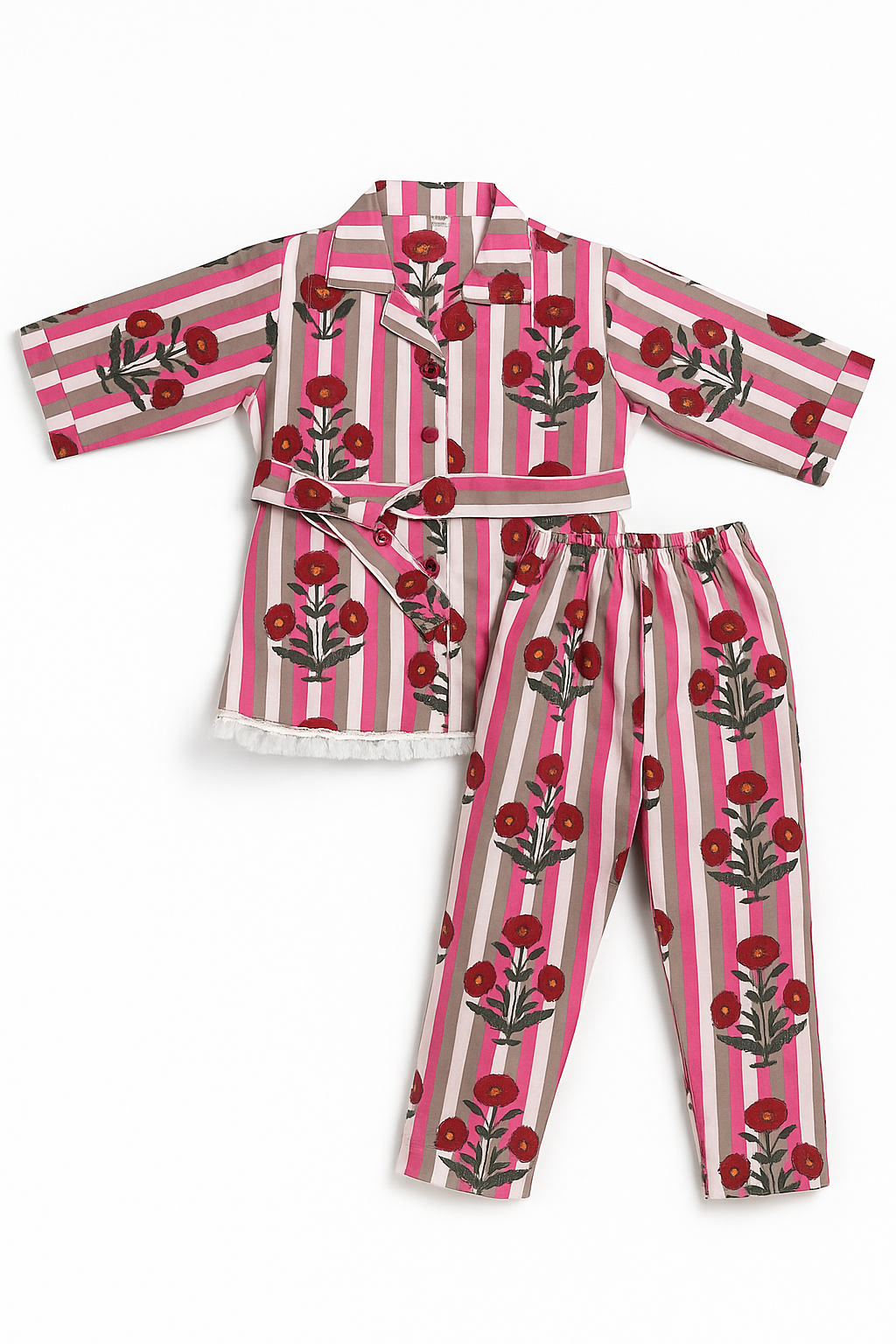Poppy Stripe Tie‐Waist Shirt & Tassel-Hem Pant Set