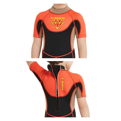 Superhero Brown & Orange 2.5mm Neoprene Knee Length Kids Swimsuit, Half Sleeves Swimwear - Little Surprise BoxSuperhero Brown & Orange 2.5mm Neoprene Knee Length Kids Swimsuit, Half Sleeves Swimwear