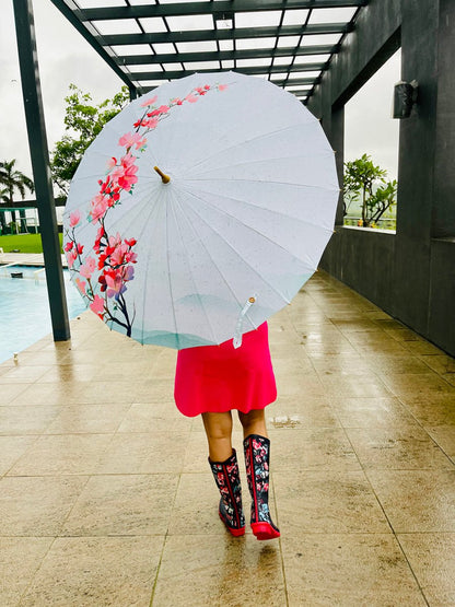 Teal & Pink Floral, Chinese Canopy Style Rain and All season Umbrella - Little Surprise BoxTeal & Pink Floral, Chinese Canopy Style Rain and All season Umbrella