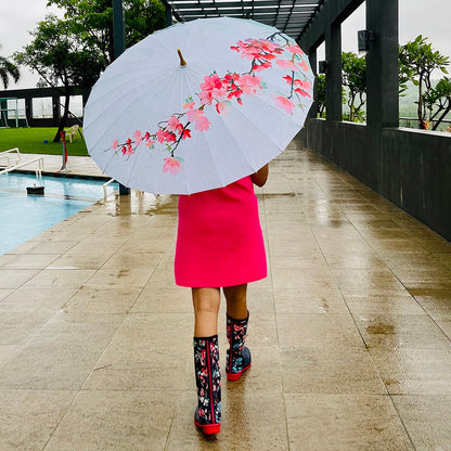 Teal & Pink Floral, Chinese Canopy Style Rain and All season Umbrella - Little Surprise BoxTeal & Pink Floral, Chinese Canopy Style Rain and All season Umbrella