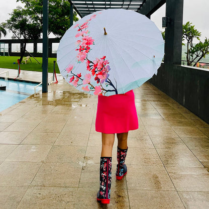 Teal & Pink Floral, Chinese Canopy Style Rain and All season Umbrella - Little Surprise BoxTeal & Pink Floral, Chinese Canopy Style Rain and All season Umbrella