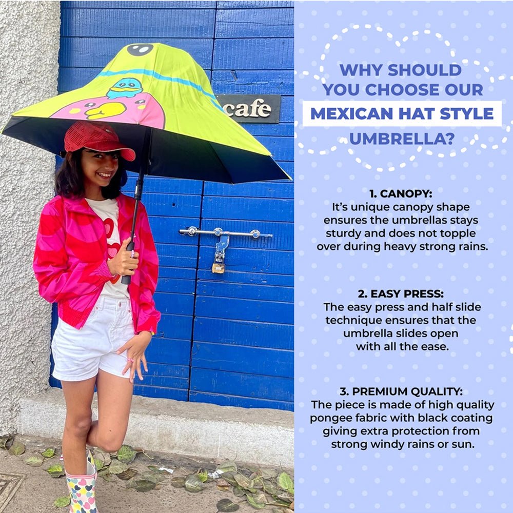 Toy Duck theme, Unique Mexican Hat Style Kids Umbrella, 5-12 years, Green - Little Surprise BoxToy Duck theme, Unique Mexican Hat Style Kids Umbrella, 5-12 years, Green
