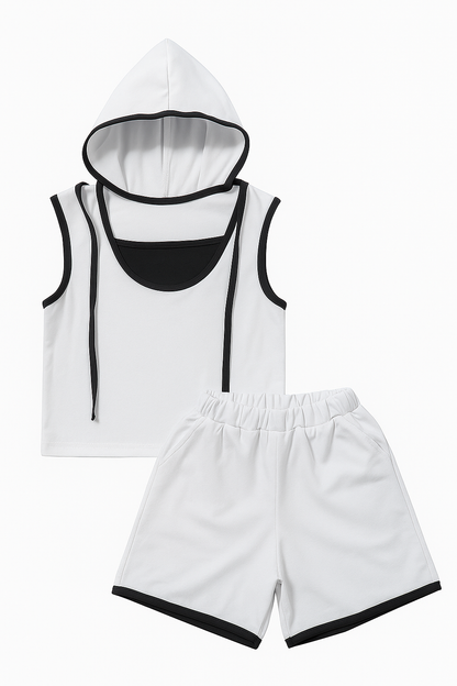 Sleeveless Hooded T-Shirt and Shorts Clothing Set For Girls