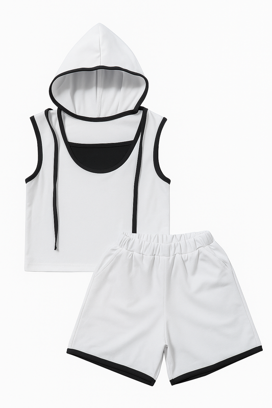 Sleeveless Hooded T-Shirt and Shorts Clothing Set For Girls