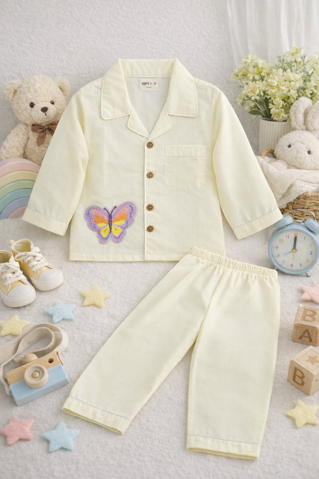 Premium Cotton Striped Kids Nightsuit Set with Butterfly Patch – Cream Yellow