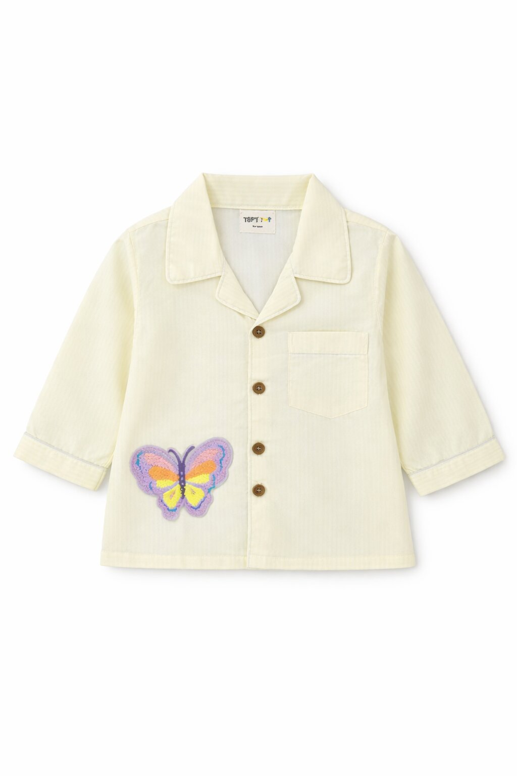 Premium Cotton Striped Kids Nightsuit Set with Butterfly Patch – Cream Yellow